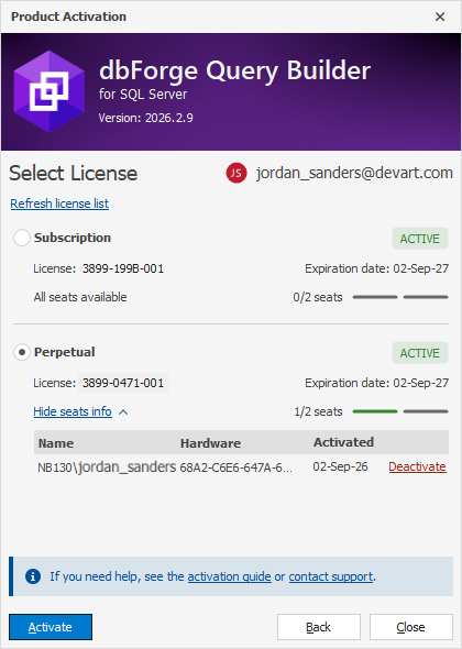 The Product Activation dialog - Multiple licenses