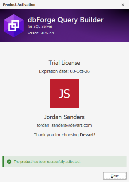 The Product Activation dialog - Successful activation of a trial license