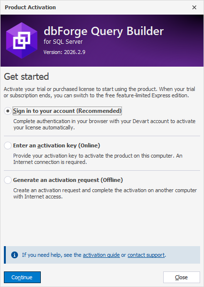 The Product Activation dialog - Sign in to your account
