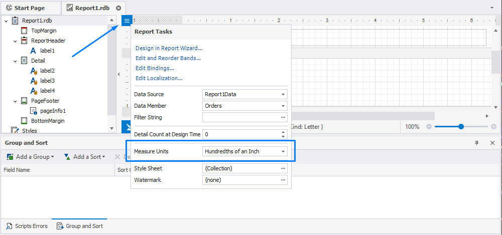 Open the smart tag to change the measure unit