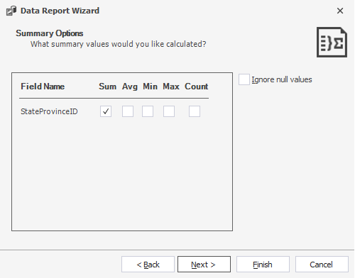 Select summary values