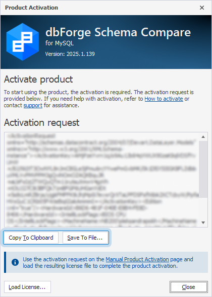 The Product Activation dialog with the activation request text