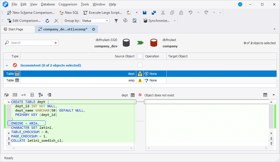 Compare databases between the MariaDB server, which uses the ARIA or CONNECT engines, and MySQL 8.0 server