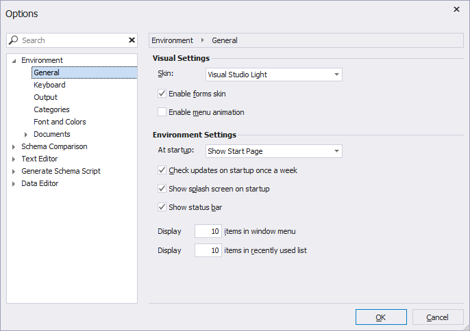 Options window