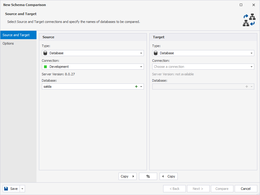 Selecting database as a source