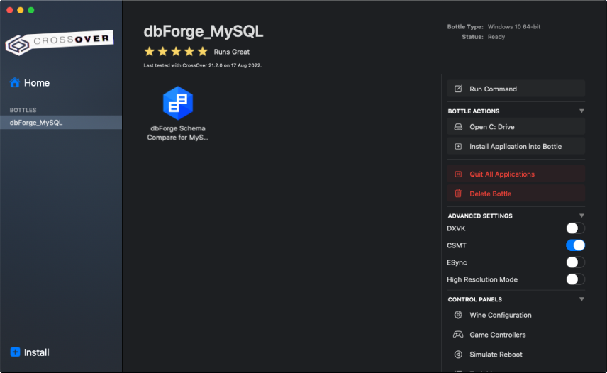 dbForge Schema Compare for MySQL installed in the bottle