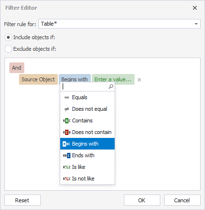 Conditions drop-down list