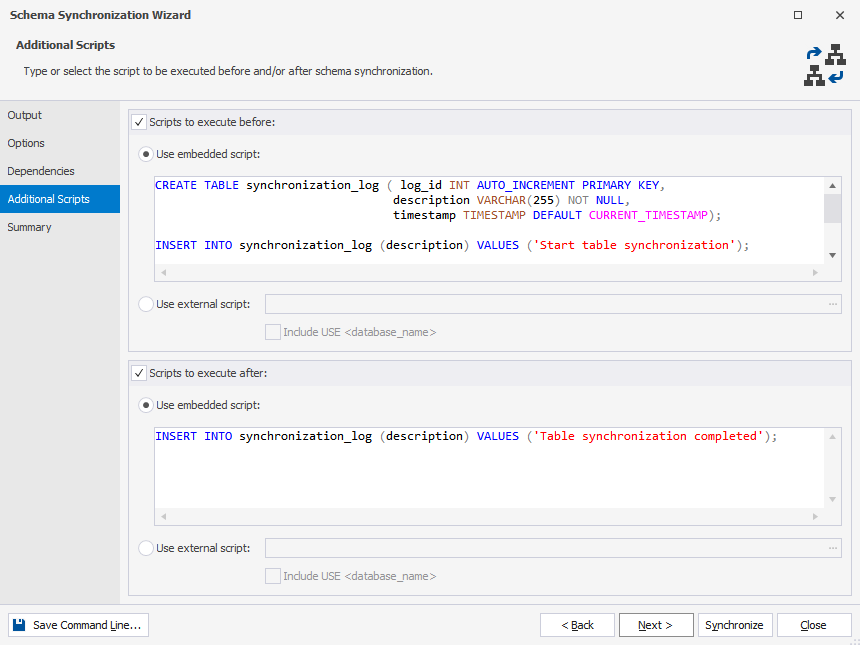 Insert scripts to be used before schema synchronization