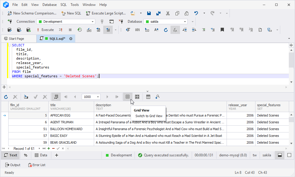 Query execution results in grid format