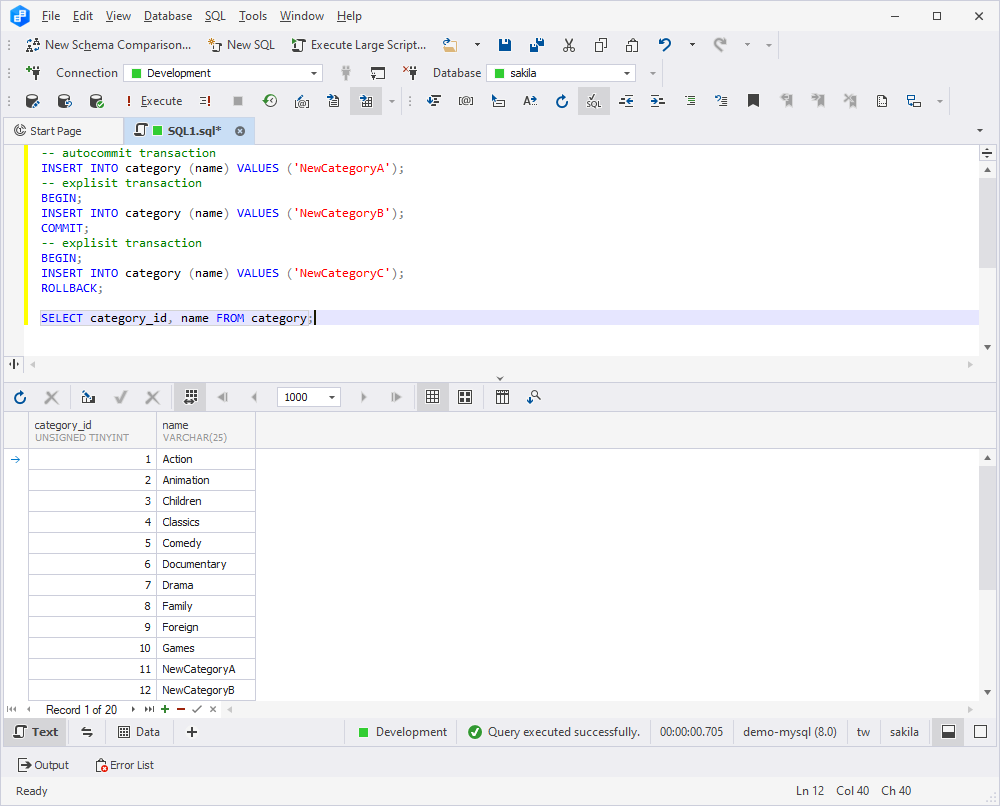 Manage transactions through SQL statements