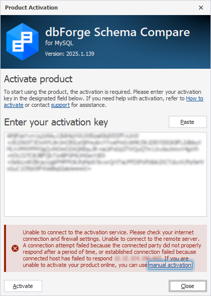 The Product Activation dialog with the failed connection message