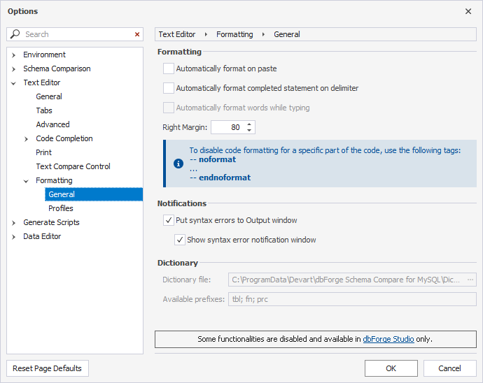 Options for SQL formatting window