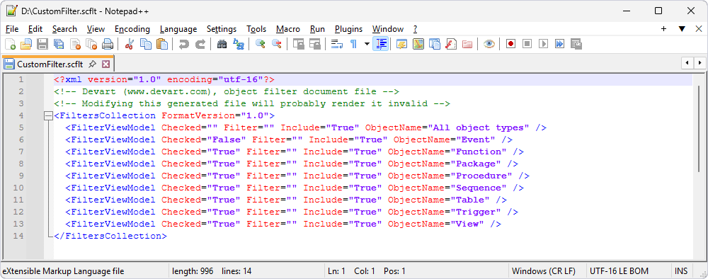 File with all object types, synchronization status, and associated filter rules