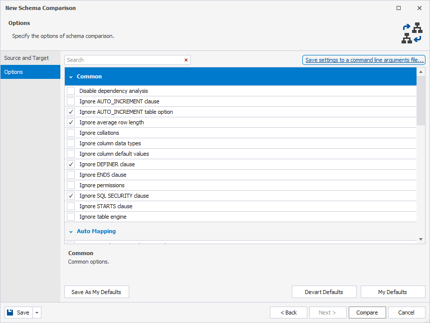 Save settings to a command-line arguments file