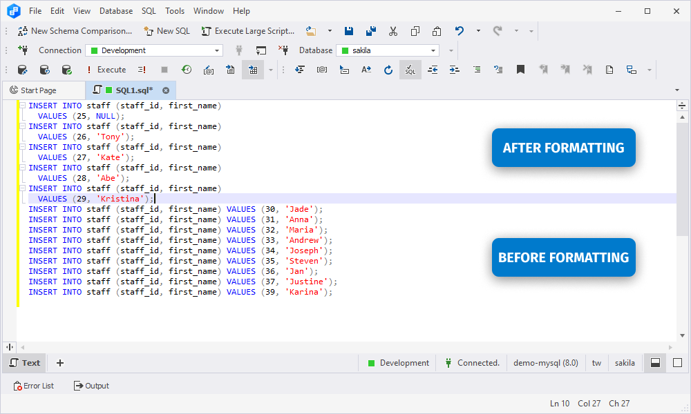 Working with SQL formatting