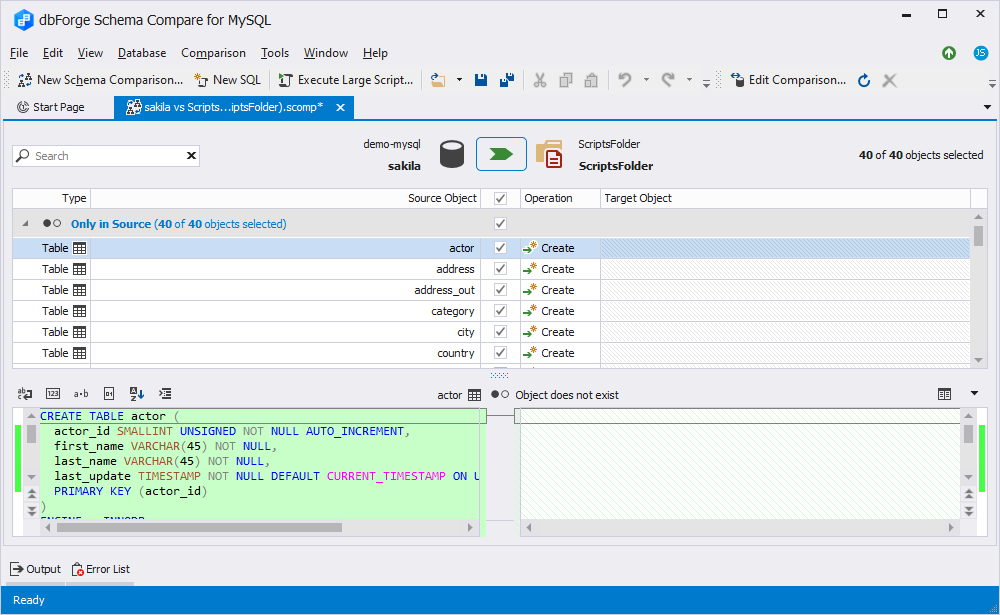 View the schema comparison result