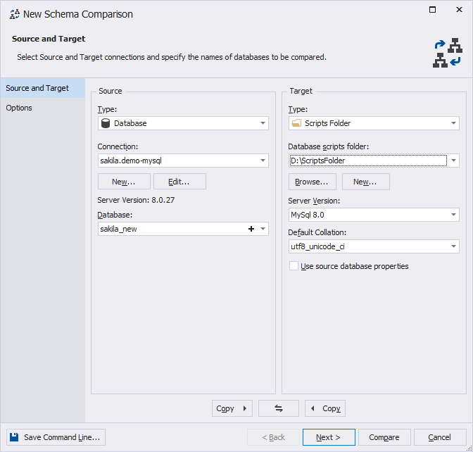 Set a source and target databases for comparison