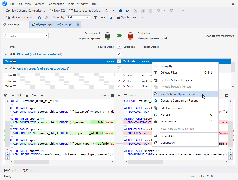 Viewing the schema update script