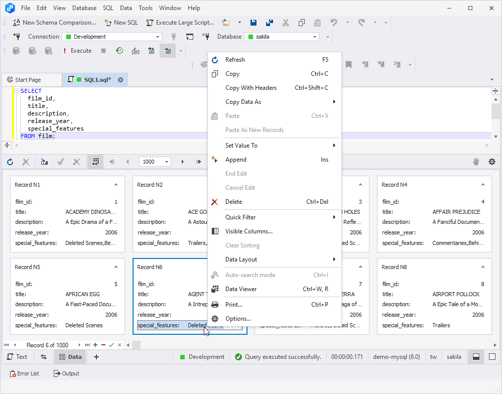 Viewing data - shortcut menu