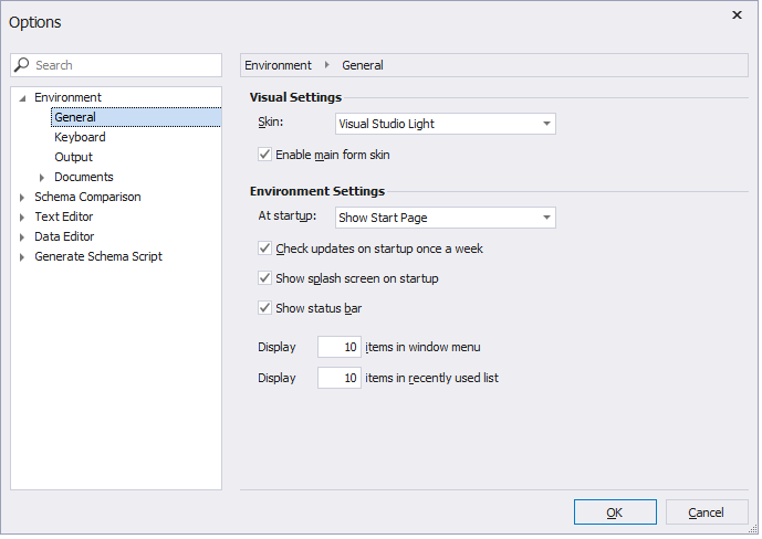 Options window