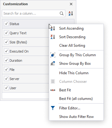 Customization window - shortcut menu