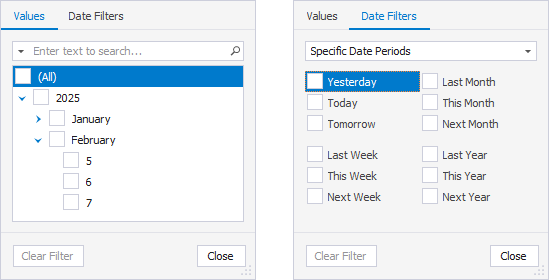 SQL Query History column filters