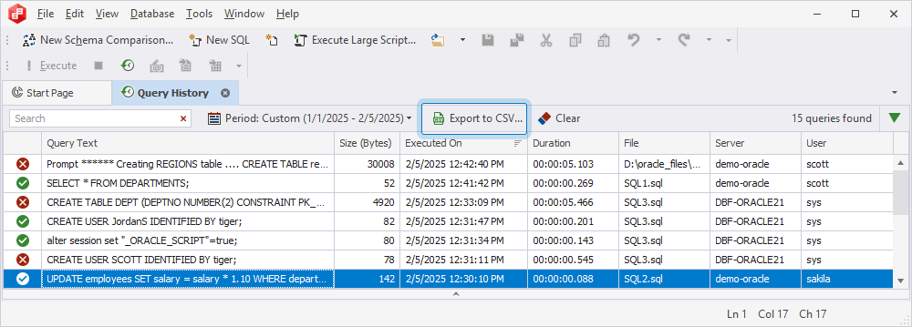 Export query history to a .csv file