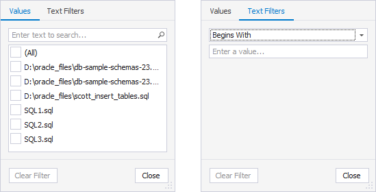 SQL Query History column filters - File