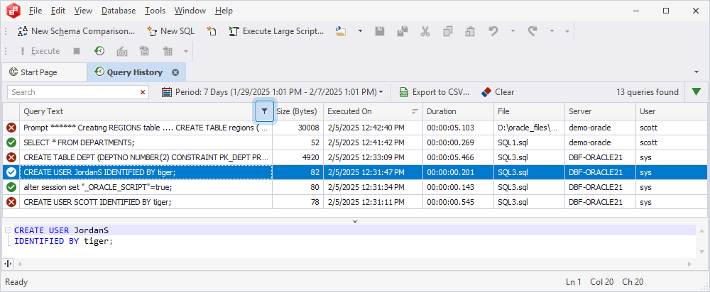 SQL Query History column filters