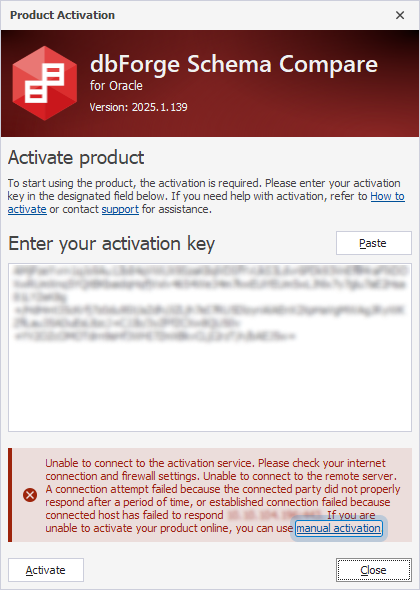 The Product Activation dialog with the failed connection message