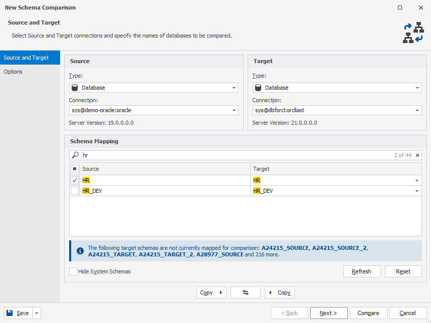 New Schema Comparison wizard