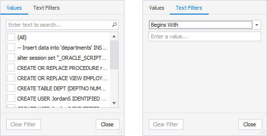 SQL Query History column filters