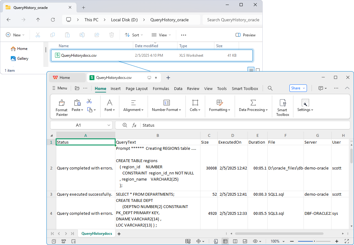 Result - .csv file with query history