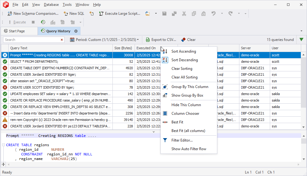 Query History - shortcut menu