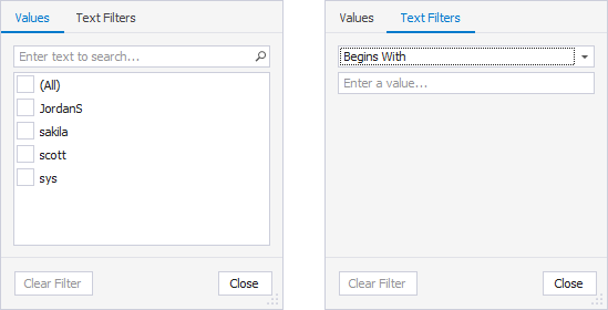 SQL Query History column filters - User