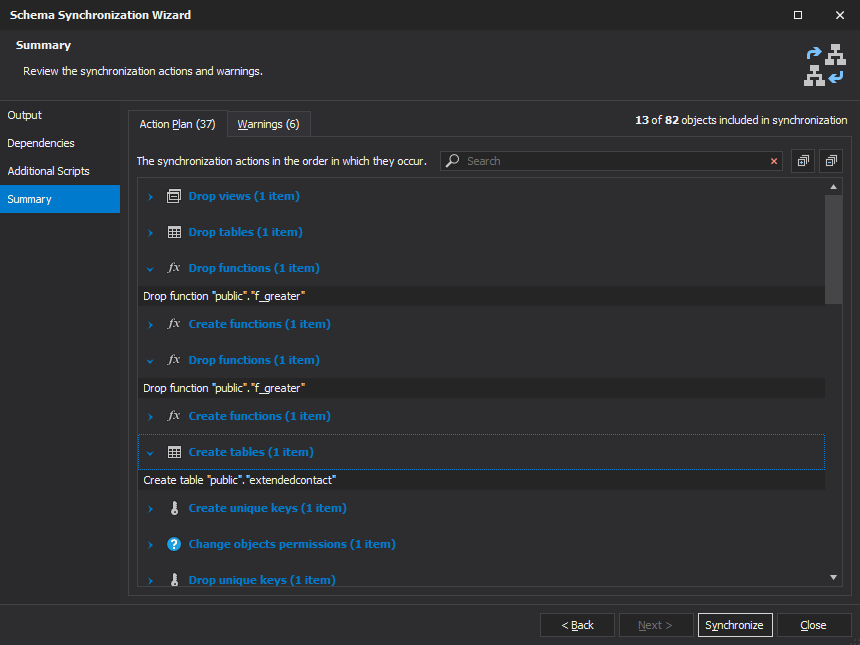 dbForge Postgres Schema Diff - Action plan