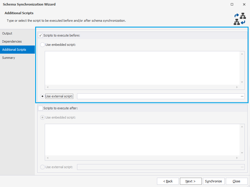 Insert scripts to be used before schema synchronization