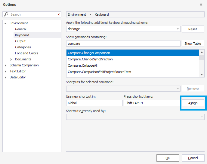 Assign a new shortcut to the command