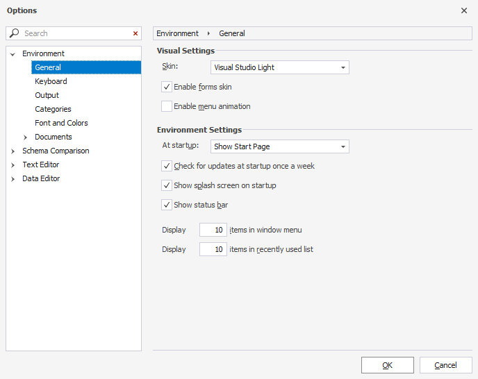 Options window