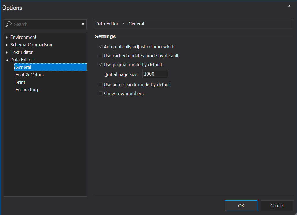 PostgreSQL synchronization - Data editor settings