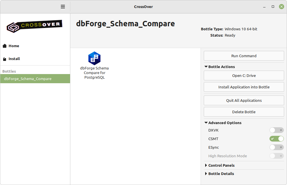 dbForge Schema Compare for PostgreSQL installed in the bottle