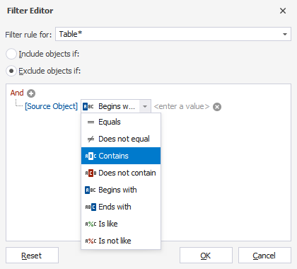 Conditions drop-down list