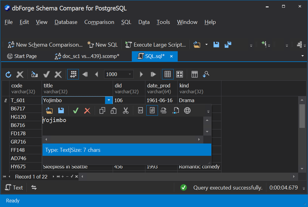 Sync postgres databases - Edit Data in the Output window