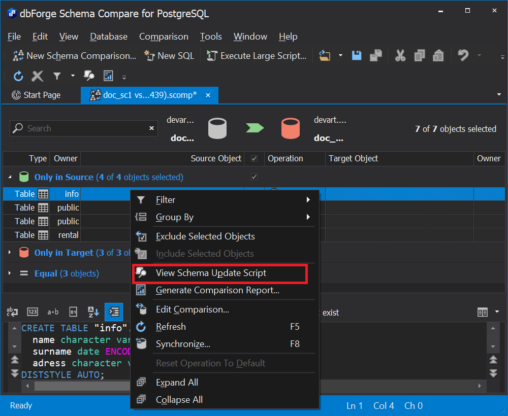 dbForge Postgres Schema Diff - Viewing the schema update script