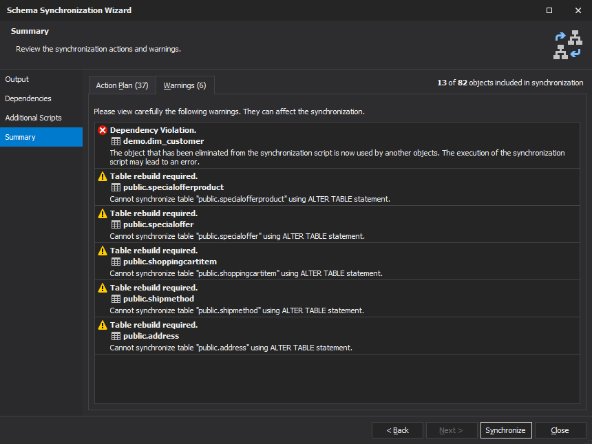 dbForge Postgres Schema Compare - Warnings