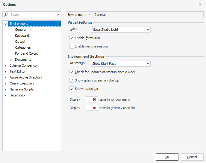 Options window