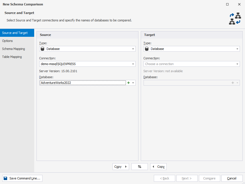 Selecting database as a source