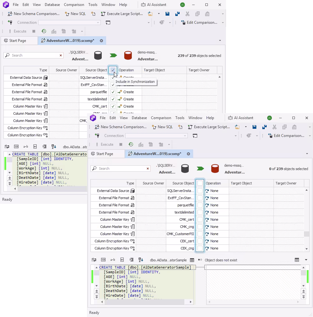 Select column header checkbox in comparison results grid