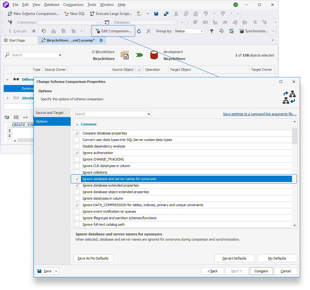 Exclude synonyms from schema comparison