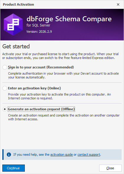 Select the Generate activation request option